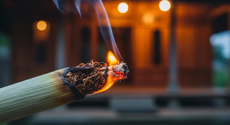 A close-up high-detail shot of a corn husk wrapped traditional Indonesian kretek cigarette being lit, showing the visible clove bits in the tobacco blend. The background is a soft-focus traditional Javanese wooden house at dusk with warm amber lighting and a light wisp of aromatic smoke rising into the air.