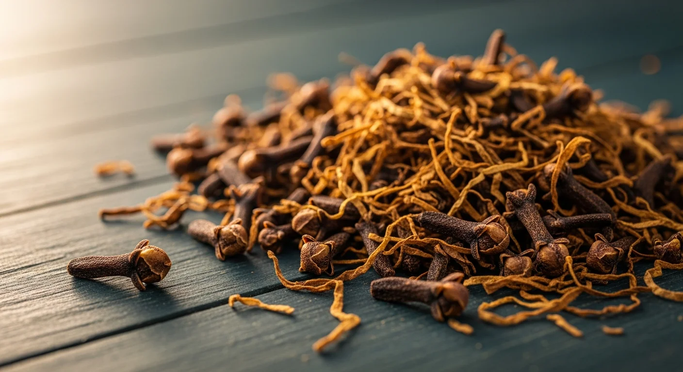 Close-up of premium dried cloves and tobacco used for clove in kretek blending.