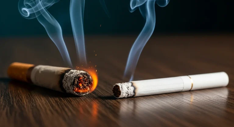 A comparative view of a clove-infused kretek and a standard white cigarette on a wooden surface.