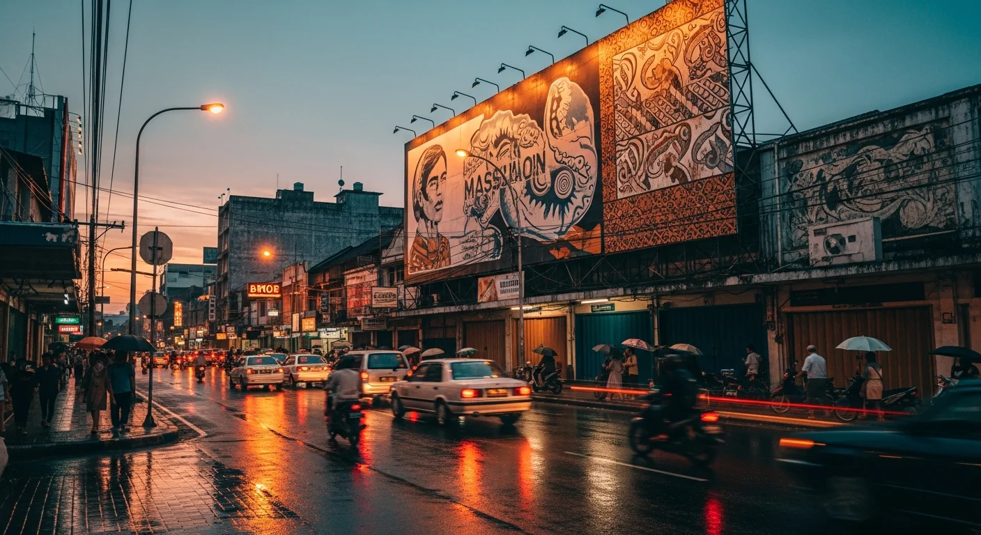 Vintage Indonesian street with large kretek advertisement billboard. kretek advertising history