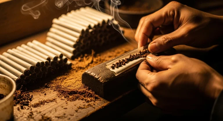 Close-up of hands rolling a traditional Indonesian hand rolled kretek cigarette