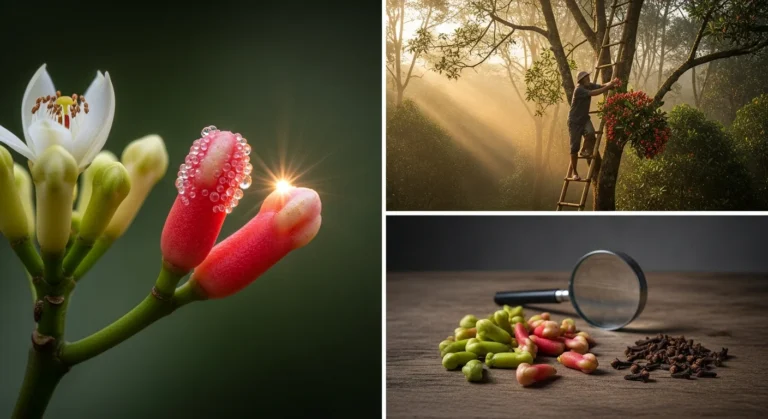 Vibrant red buds illustrate perfect timing in clove harvesting kreteksource in an Indonesian forest.